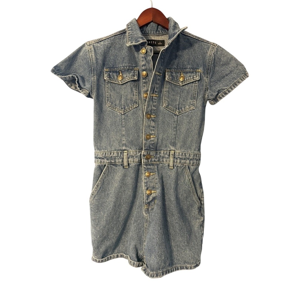 Lioness Romper Womens S Denim Whats Up Button Front Shorts Sleeve Casual Pockets